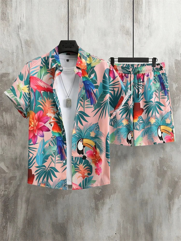 Ensemble chemise à manches courtes pour homme, style artistique et simple, imprimé végétal, short uni, décontracté et tendance au quotidien