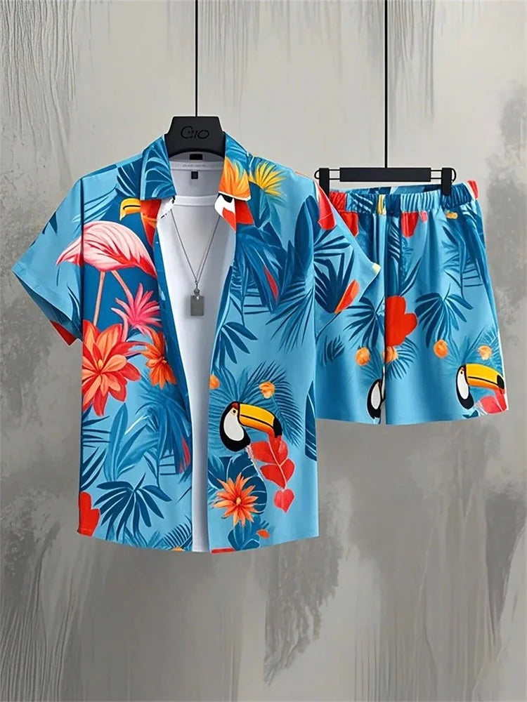 Ensemble chemise à manches courtes pour homme, style artistique et simple, imprimé végétal, short uni, décontracté et tendance au quotidien