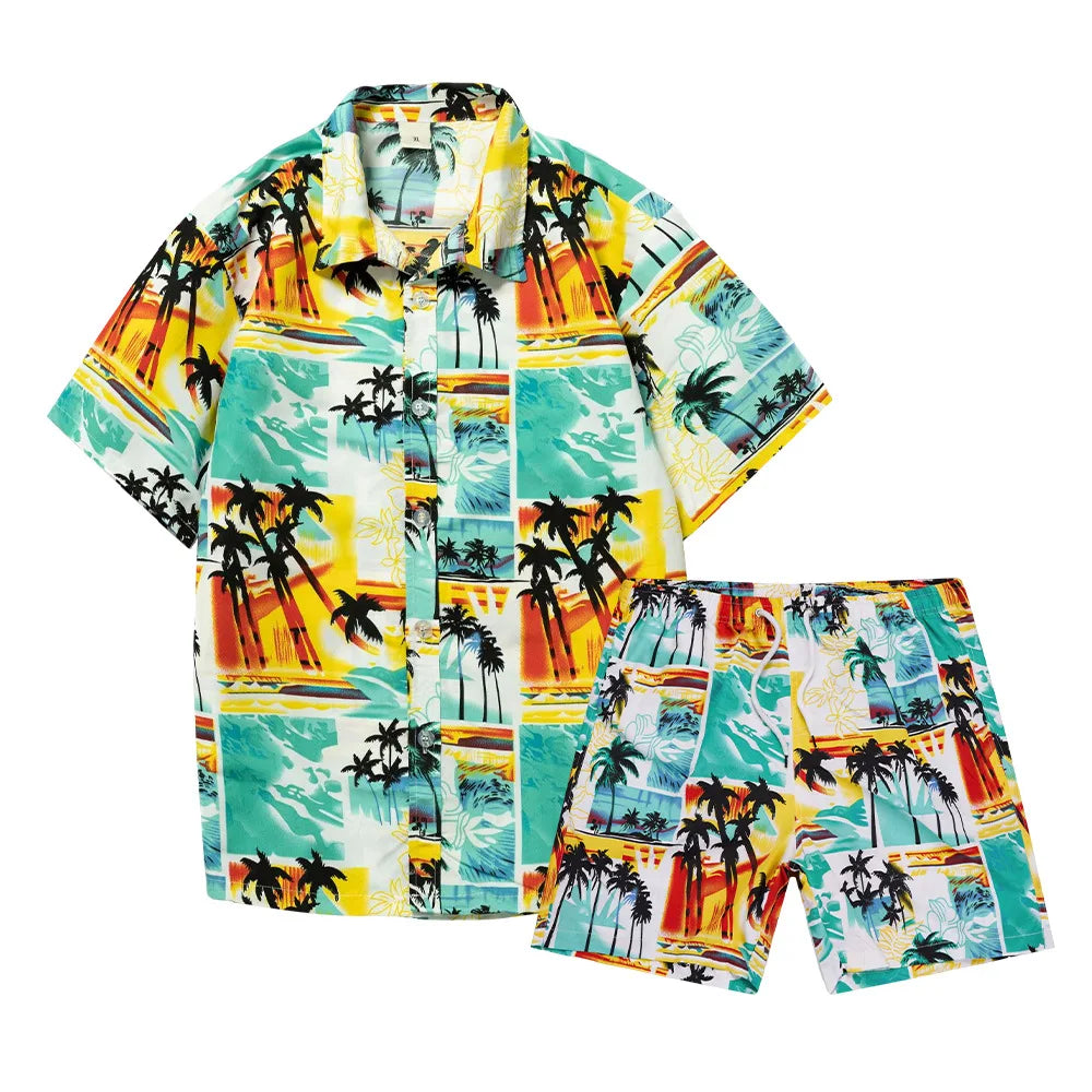 Ensembles homme chemise imprimée 3D cocotier hawaïen, chemise à manches courtes tendance, short de plage oversize, vêtements streetwear