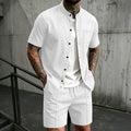 Ensemble deux pièces pour homme, chemise à manches courtes et col montant avec poche poitrine et short à cordon de serrage, style décontracté