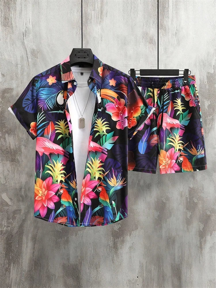 Ensemble chemise à manches courtes pour homme, style artistique et simple, imprimé végétal, short uni, décontracté et tendance au quotidien