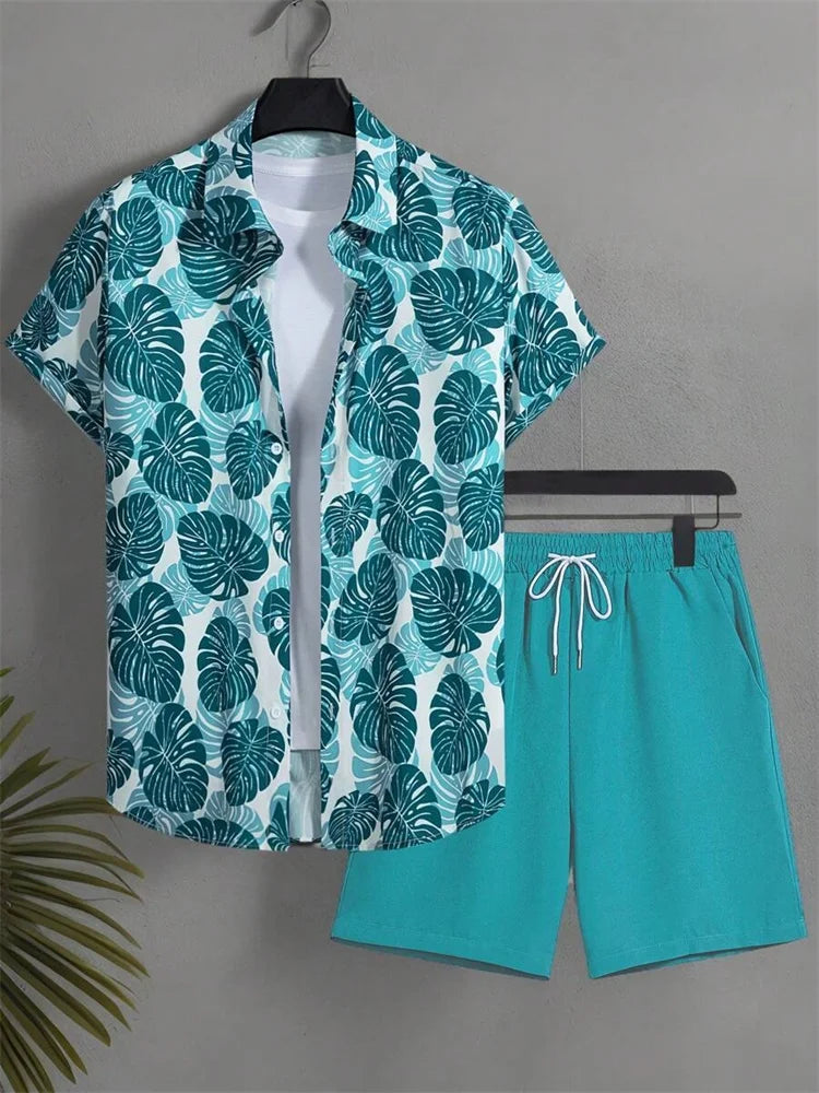 Ensemble chemise à manches courtes pour homme, style artistique et simple, imprimé végétal, short uni, décontracté et tendance au quotidien