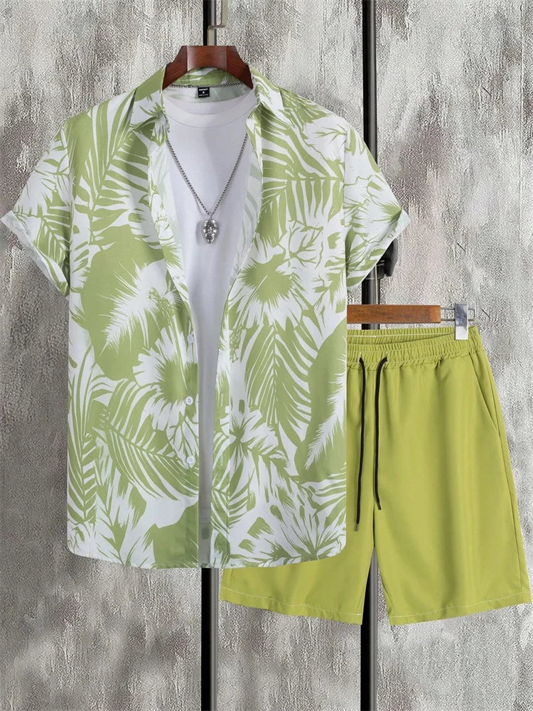 Ensemble chemise à manches courtes pour homme, style artistique et simple, imprimé végétal, short uni, décontracté et tendance au quotidien