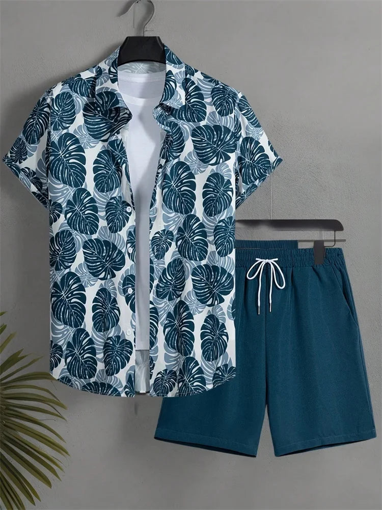 Ensemble chemise à manches courtes pour homme, style artistique et simple, imprimé végétal, short uni, décontracté et tendance au quotidien