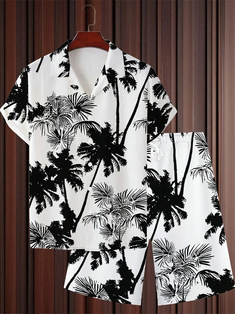 Ensemble chemise à manches courtes pour homme, style artistique et simple, imprimé végétal, short uni, décontracté et tendance au quotidien
