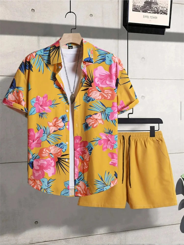 Ensemble chemise à manches courtes pour homme, style artistique et simple, imprimé végétal, short uni, décontracté et tendance au quotidien