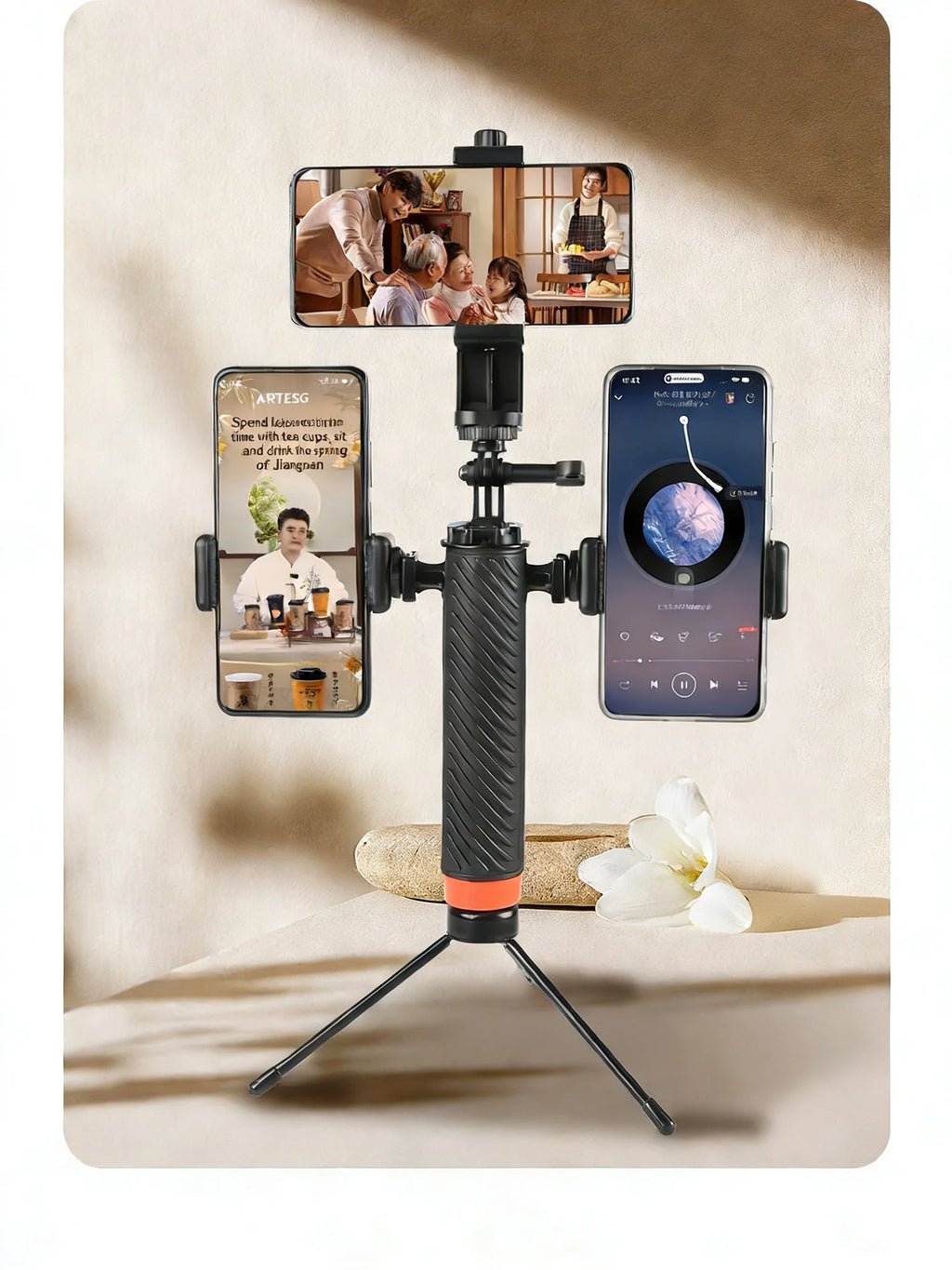 3-in-1 Multi-Phone Live Streaming Stand for TikTok  YouTube - Handheld Tripod with 3 Adjustable Holders  Portable for Vlog, E-co