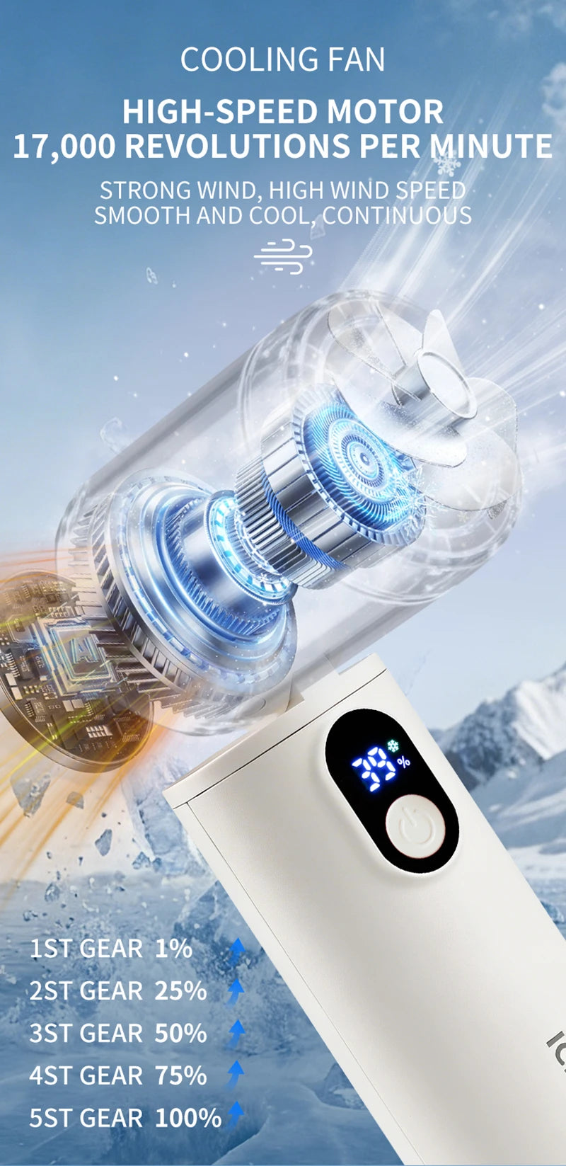 Lenovo 100 Gears Portable Handheld Fan Ventilador USB Rechargeable Foldable Fan High Speed Turbine Ice Cooling Digital Display