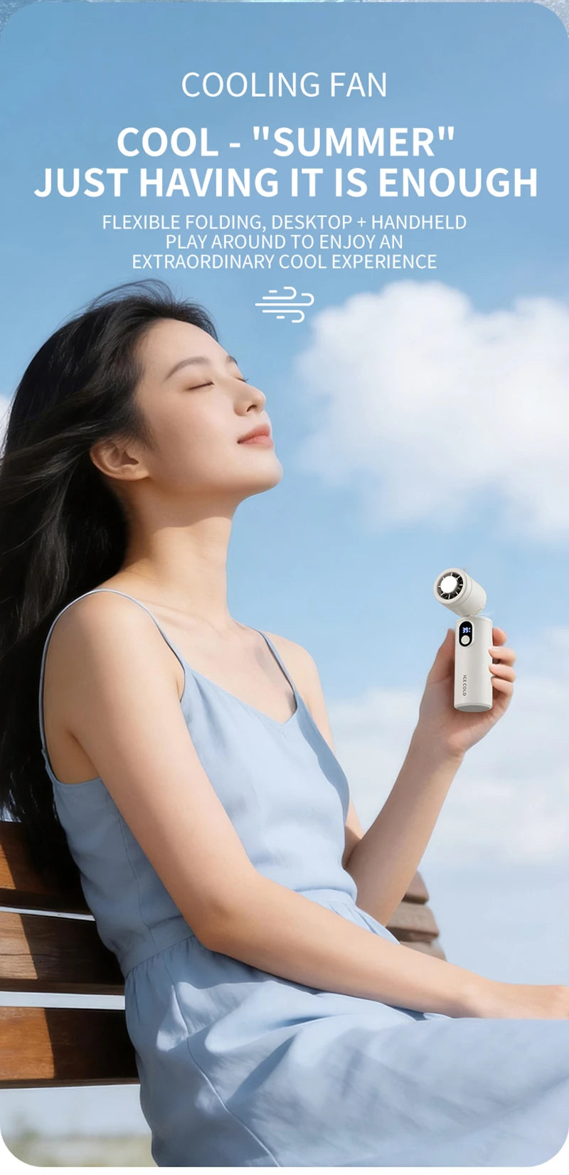 Lenovo 100 Gears Portable Handheld Fan Ventilador USB Rechargeable Foldable Fan High Speed Turbine Ice Cooling Digital Display