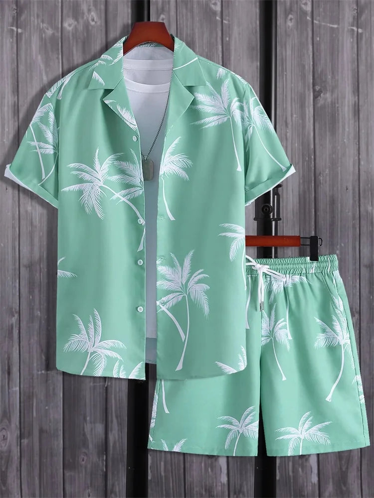 Ensemble chemise à manches courtes pour homme, style artistique et simple, imprimé végétal, short uni, décontracté et tendance au quotidien