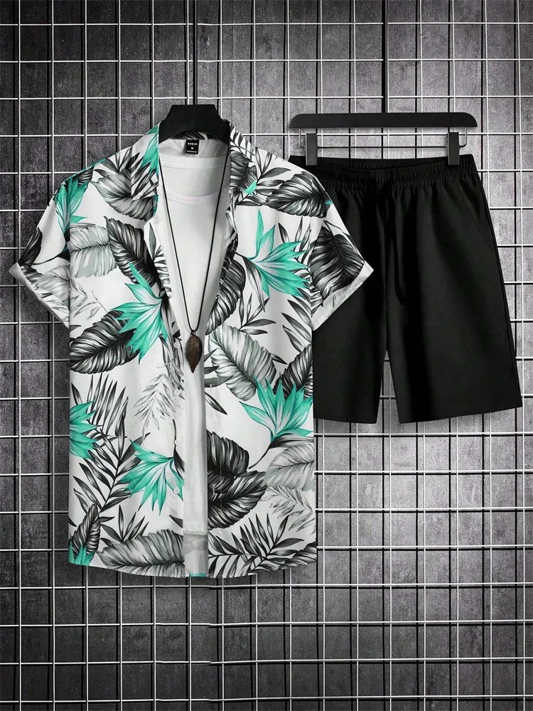 Ensemble chemise à manches courtes pour homme, style artistique et simple, imprimé végétal, short uni, décontracté et tendance au quotidien