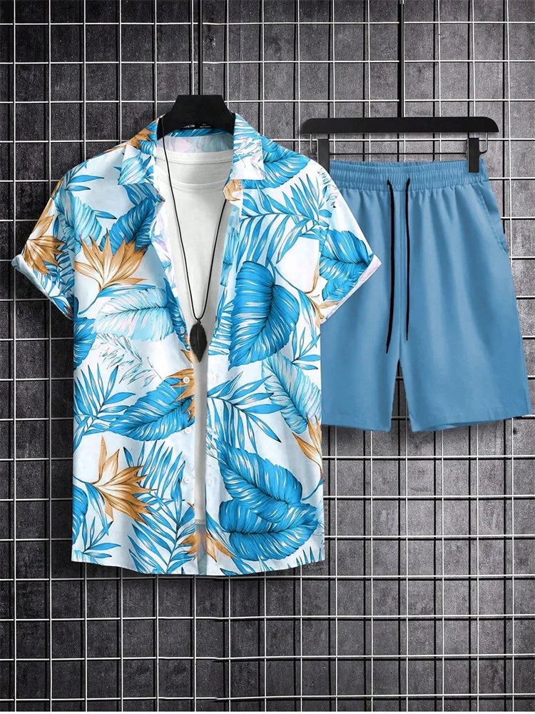 Ensemble chemise à manches courtes pour homme, style artistique et simple, imprimé végétal, short uni, décontracté et tendance au quotidien