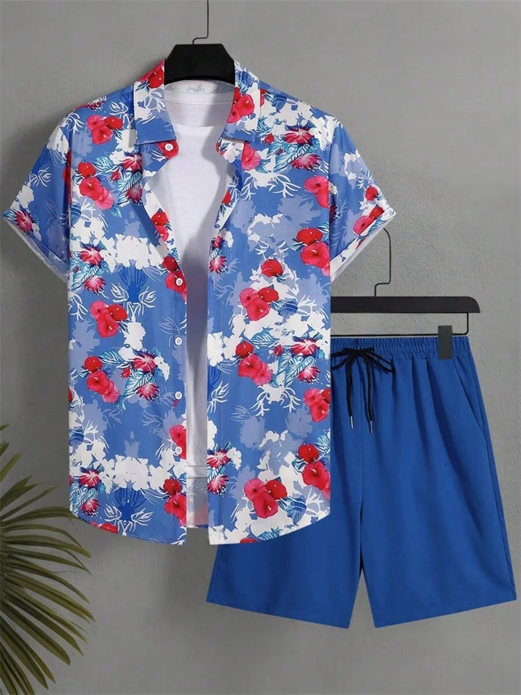 Ensemble chemise à manches courtes pour homme, style artistique et simple, imprimé végétal, short uni, décontracté et tendance au quotidien